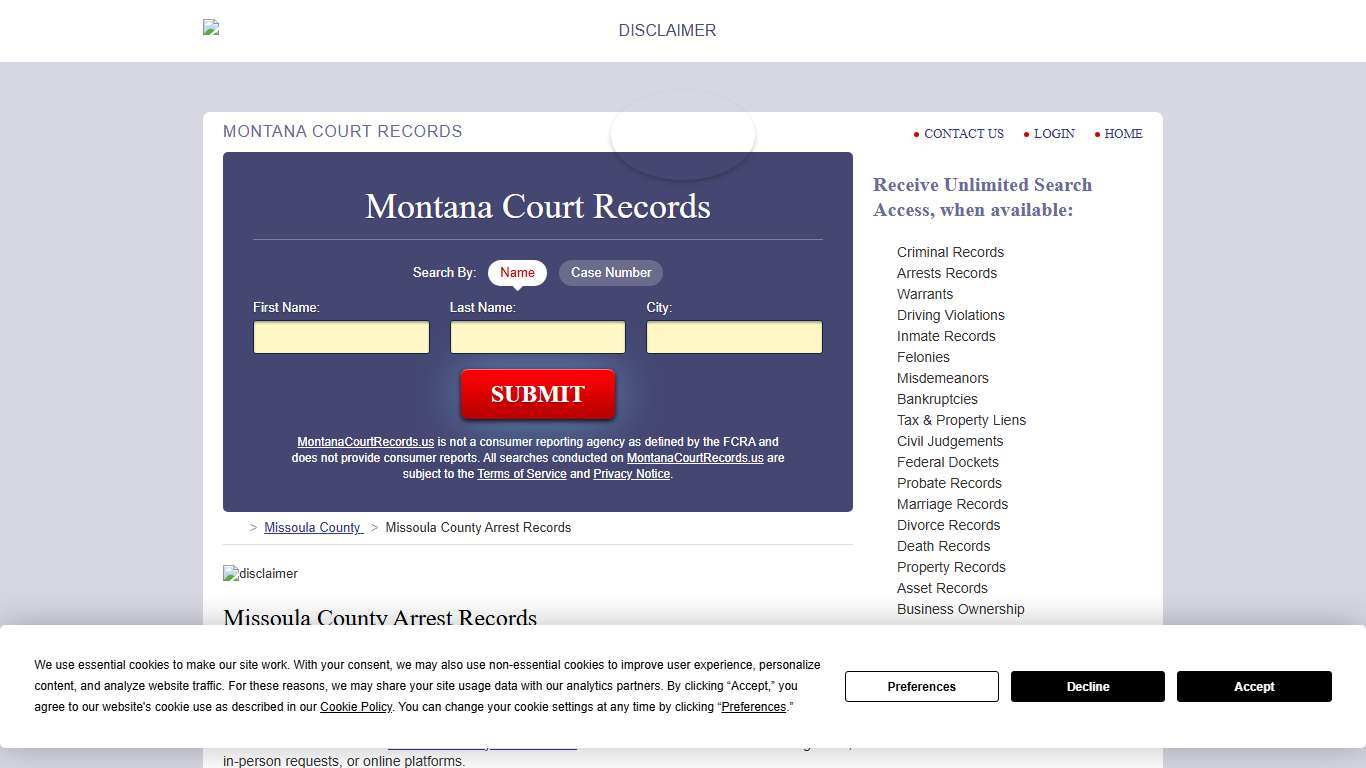 Missoula County Arrest Records | MontanaCourtRecords.us